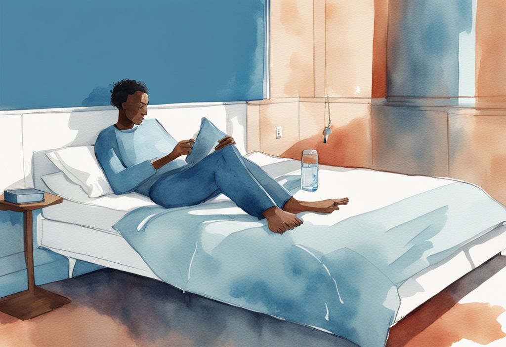 Ilustración moderna en acuarela con temática azul de una persona descansando en su cama con una botella de Rivotril y un vaso de agua en la mesita de noche.