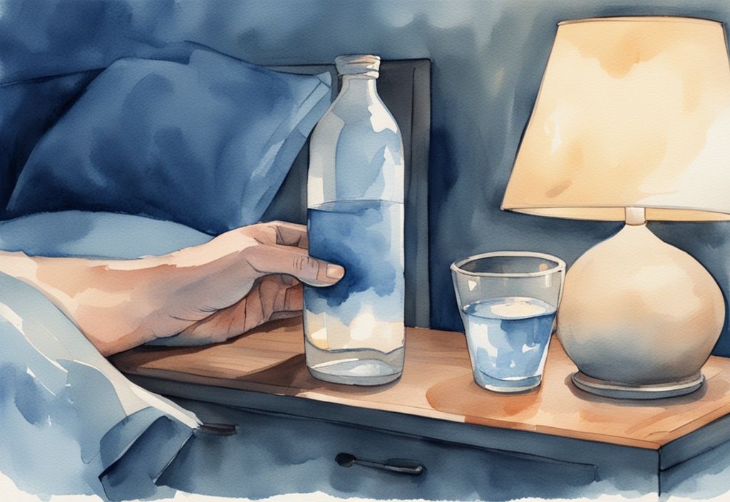 Ilustración moderna en acuarela con tema azul, mano sosteniendo botella de Deprax con vaso de agua en mesita de noche bajo luz cálida; cómo tomar deprax para dormir.