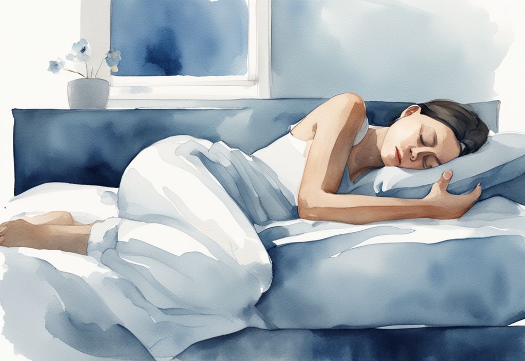 Ilustración moderna en acuarela de una mujer durmiendo de lado en una cama con una almohada especializada para el cuello.