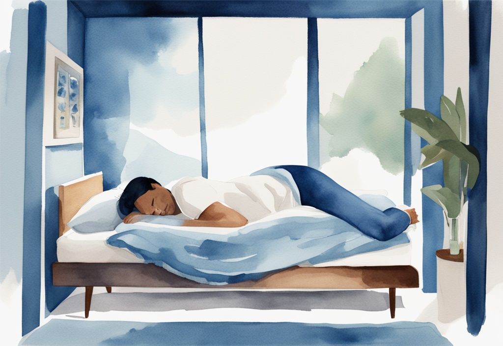 Ilustración acuarela moderna en tonos azules de una persona durmiendo de lado con una almohada especial para el cuello rígido.