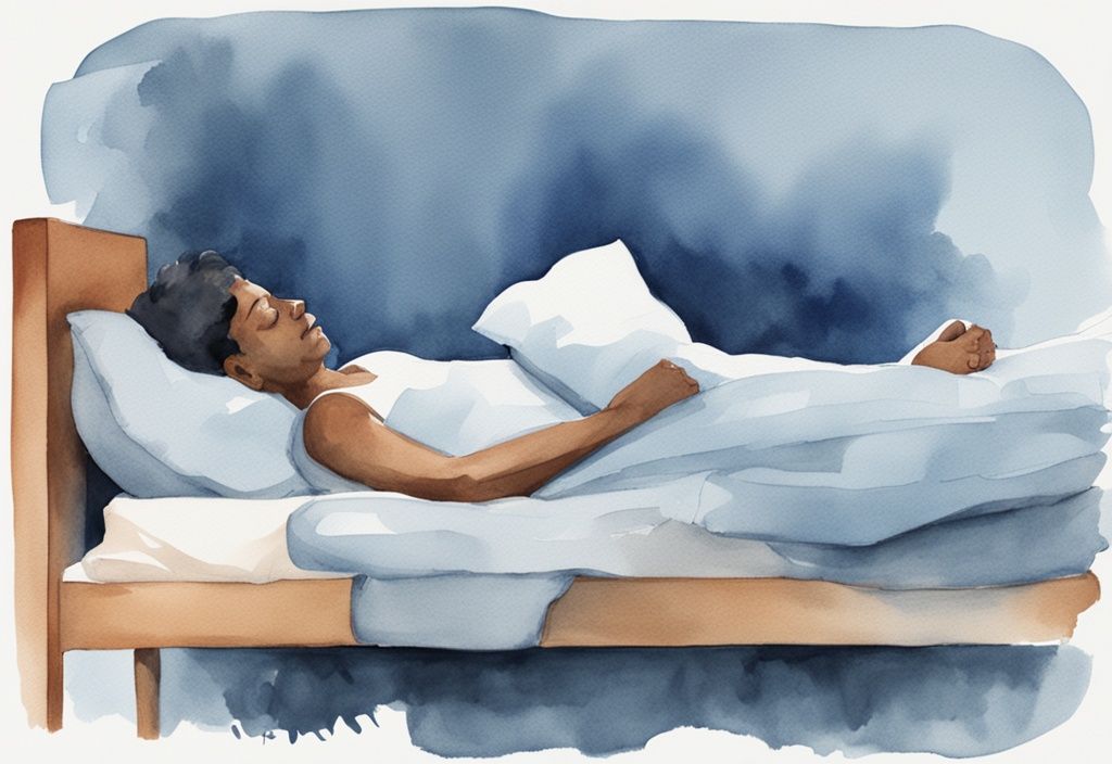 Ilustración moderna en acuarela de una persona durmiendo en la cama con la rodilla lesionada elevada con cojines para soporte, cómo dormir con menisco roto.