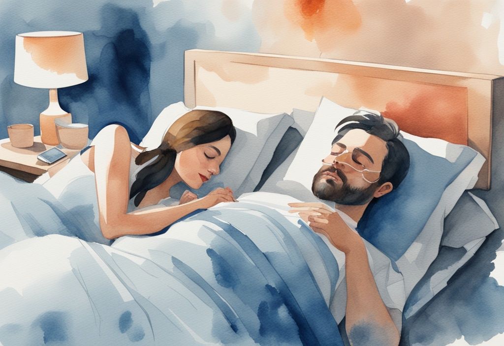 Ilustración moderna en acuarela de una pareja en la cama, donde el hombre ronca suavemente y la mujer duerme plácidamente con tapones para los oídos y antifaz, mostrando cómo dormir con alguien que ronca.