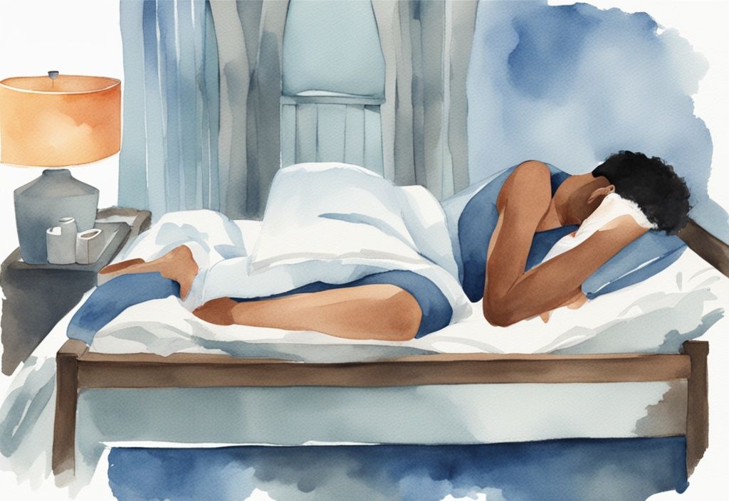 Ilustración moderna en acuarela de una persona durmiendo en la cama con la rodilla lesionada elevada y apoyada en cojines, cómo dormir con menisco roto.