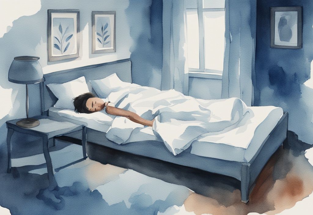 Ilustración en acuarela moderna de una persona acostada en la cama con el tobillo torcido apoyado en una almohada, en una habitación tranquila y tenue, con un tema de color azul.