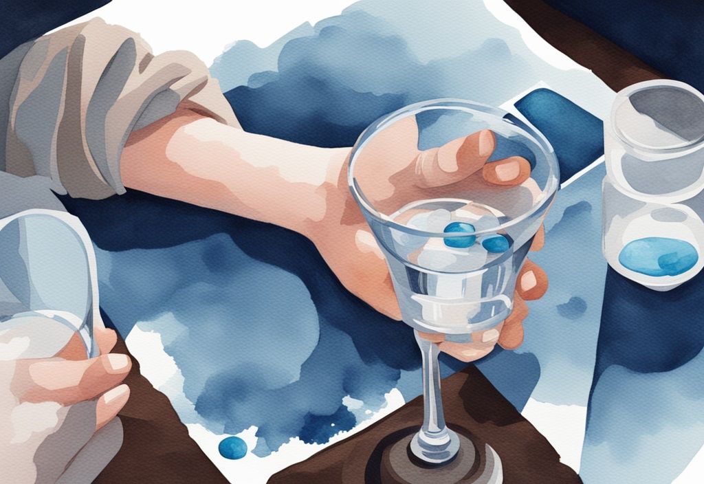 Ilustración moderna en acuarela con tema principal azul, manos sosteniendo una pastilla de Rivotril con un vaso de agua cerca, fondo tenue sugerente de preparación para dormir, cómo tomar rivotril para dormir.