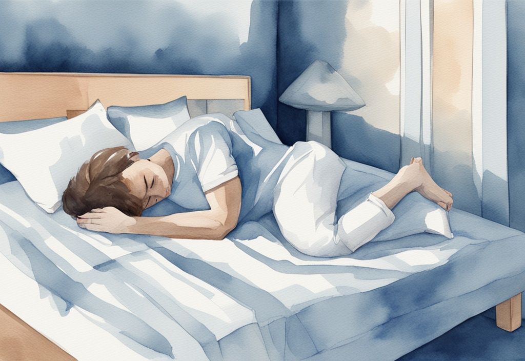 Ilustración moderna en acuarela de una persona acostada cómodamente en una cama con una almohada para aliviar el dolor de espalda baja, tema principal de color azul.