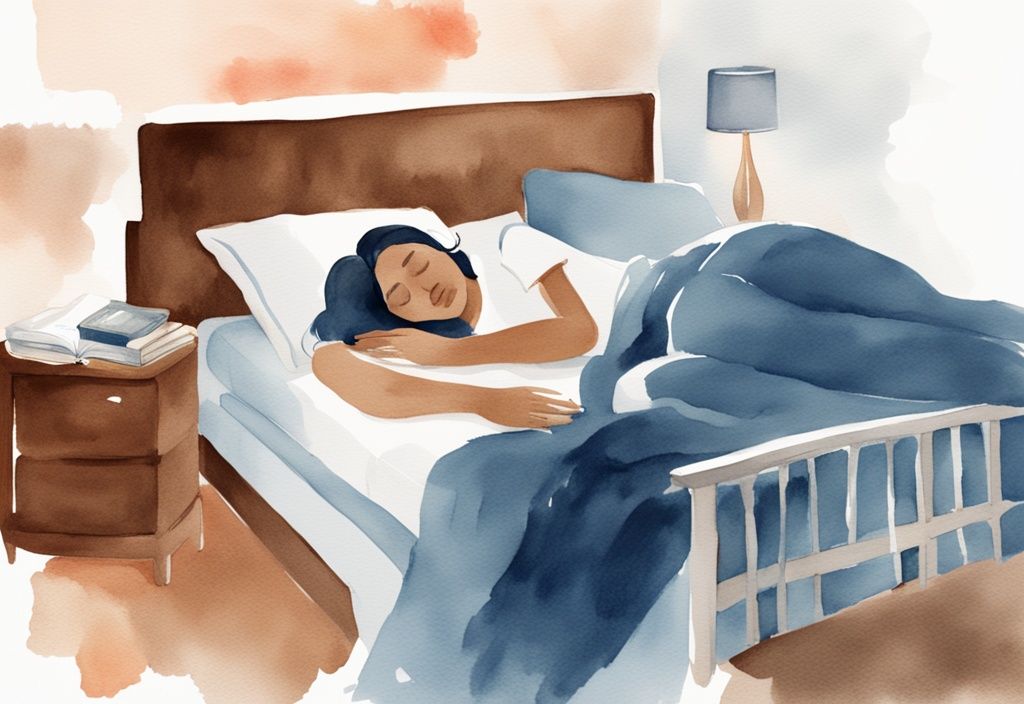 Ilustración moderna en acuarela de una mujer durmiendo cómodamente en la cama, con un vaso de agua y un libro sobre cómo manejar la cistitis en su mesita de noche, destacando el tema de cómo dormir con cistitis.