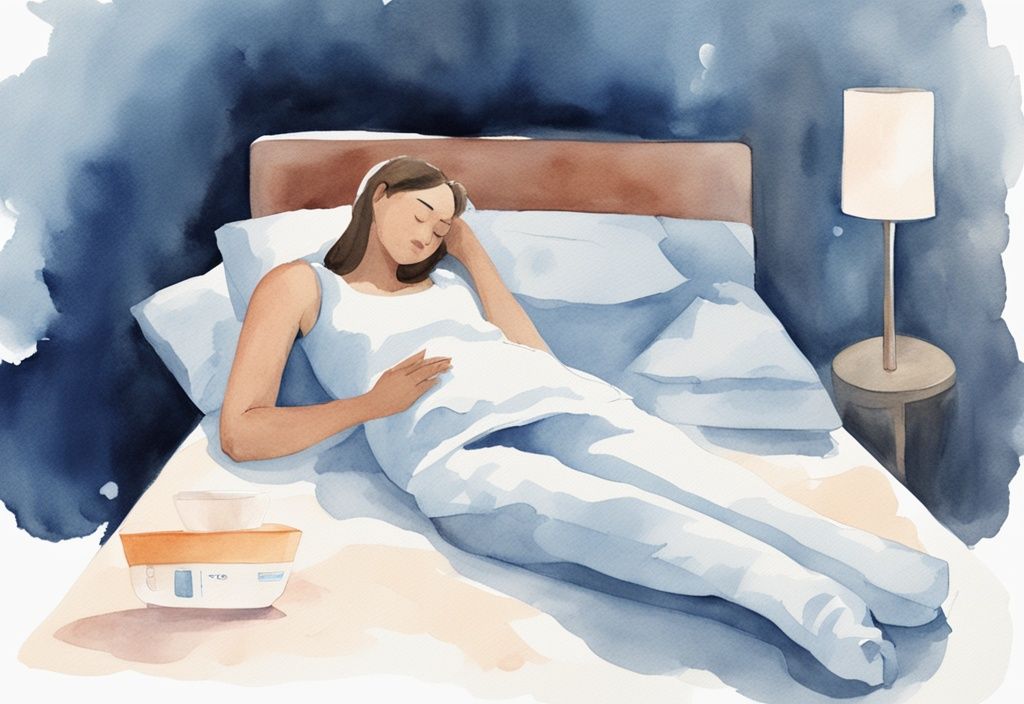 Ilustración moderna en acuarela de una persona durmiendo en posición semi-inclinada con ayuda de una almohada en cuña y un humidificador brillando suavemente, simbolizando técnicas para dormir sin toser.