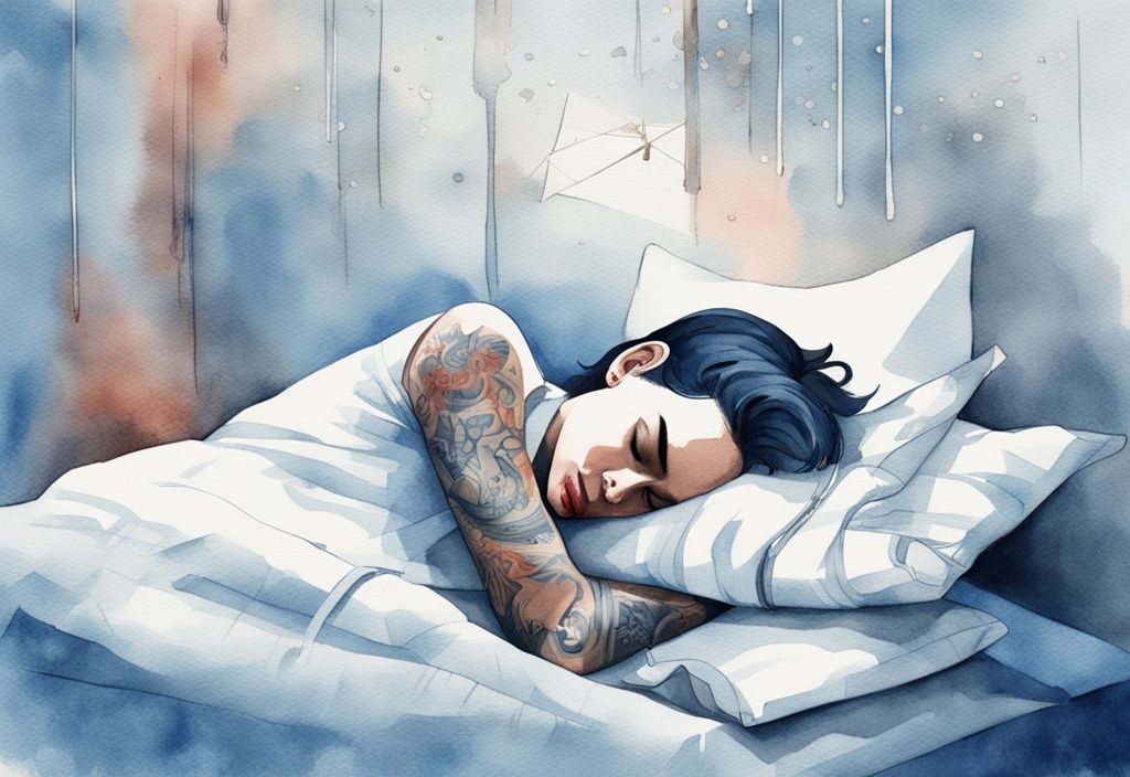 Ilustración moderna en acuarela de una persona durmiendo de lado, evitando presión sobre un tatuaje recién hecho con un vendaje limpio y transpirable, y una barrera de almohada para seguridad, mostrando cómo cuidar un tatuaje recién hecho para dormir.