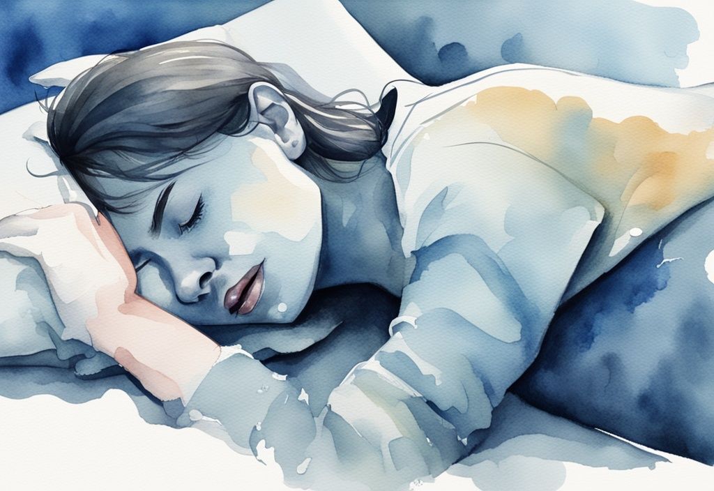 Ilustración moderna en acuarela de una persona durmiendo plácidamente de lado con una gota de baba en la almohada, color azul dominante.