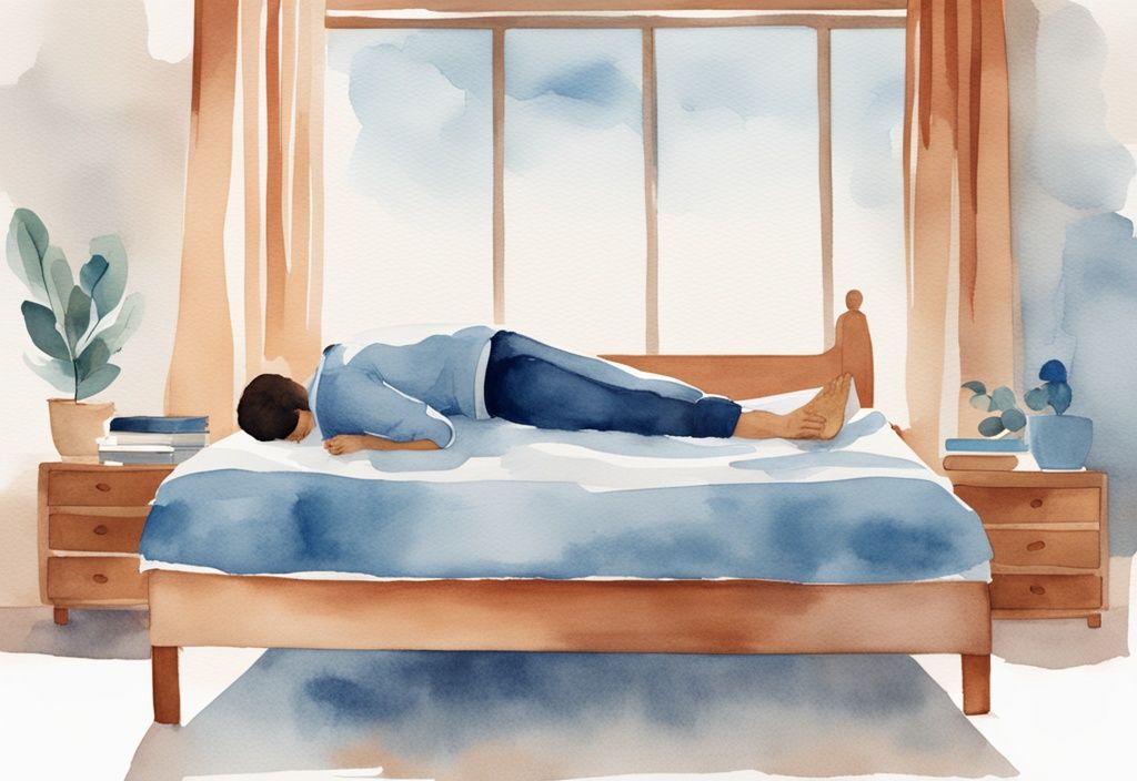 Ilustración moderna en acuarela de una persona durmiendo cómodamente en una cama con las piernas elevadas sobre una almohada, recomendada para mejorar la circulación, en tonos azules.