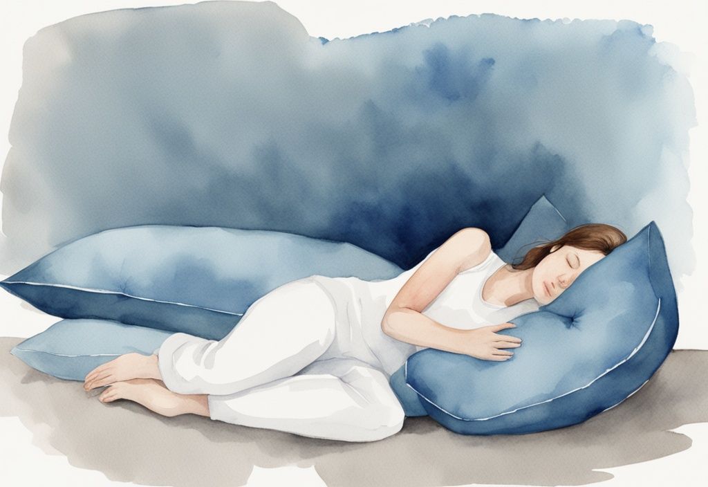 Ilustración moderna en acuarela de una persona durmiendo boca arriba con almohada de apoyo bajo el cuello y las rodillas, en tonos azules.