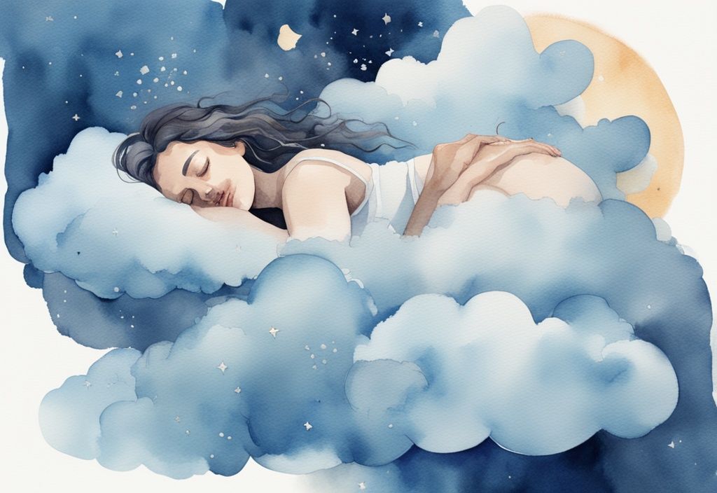 Ilustración moderna en acuarela de una mujer durmiendo en una nube con elementos simbólicos que representan 13 razones para dormir sin ropa.