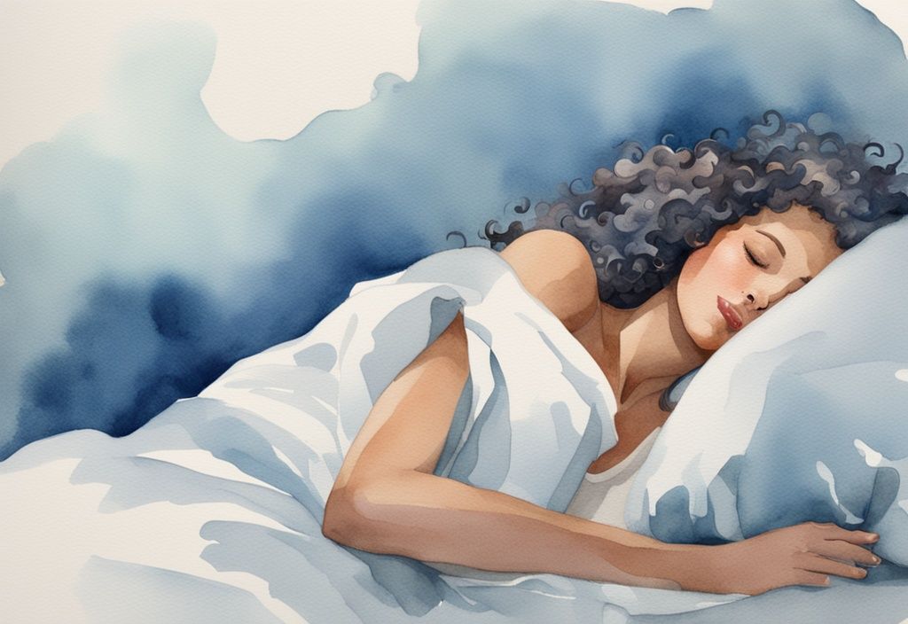 Ilustración moderna en acuarela de una mujer con cabello rizado durmiendo felizmente, con su cabello asegurado en un pañuelo o gorro de seda, y una funda de almohada de satén en el fondo.