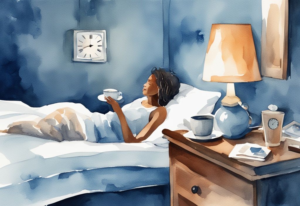 Ilustración moderna en acuarela de una persona acostada en la cama con una taza de té de hierbas en la mesita de noche y un reloj que muestra una hora tardía de la noche, con un tema de color azul.