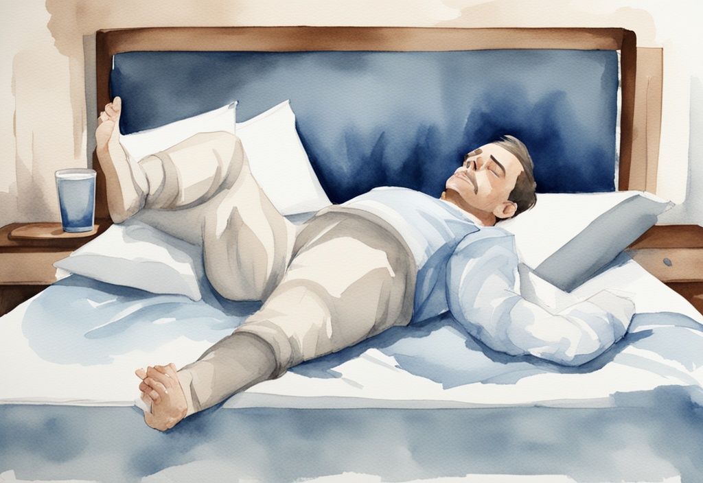 Ilustración moderna en acuarela de un hombre descansando con un collarín cervical, apoyando su latigazo cervical mientras duerme en una cama cómoda, con el tema principal de color azul.