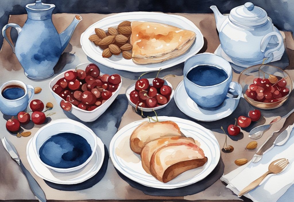 Ilustración moderna en acuarela de una mesa de cena con alimentos que inducen al sueño como cerezas, almendras, pavo y té de manzanilla, en tonos azules.