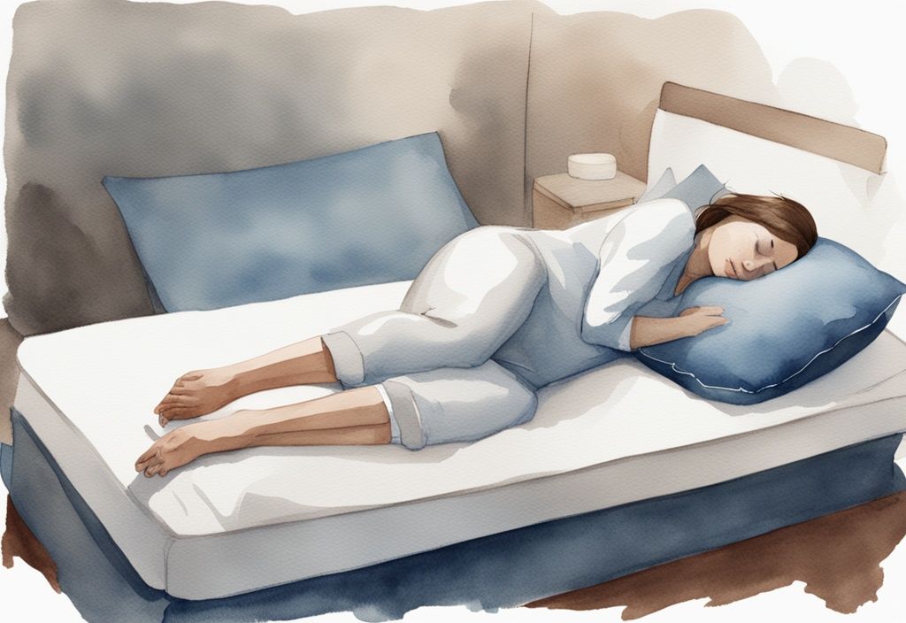 Ilustración moderna en acuarela de una persona durmiendo de lado con una almohada entre las rodillas para aliviar la presión, mostrando cómo dormir con meralgia parestésica.