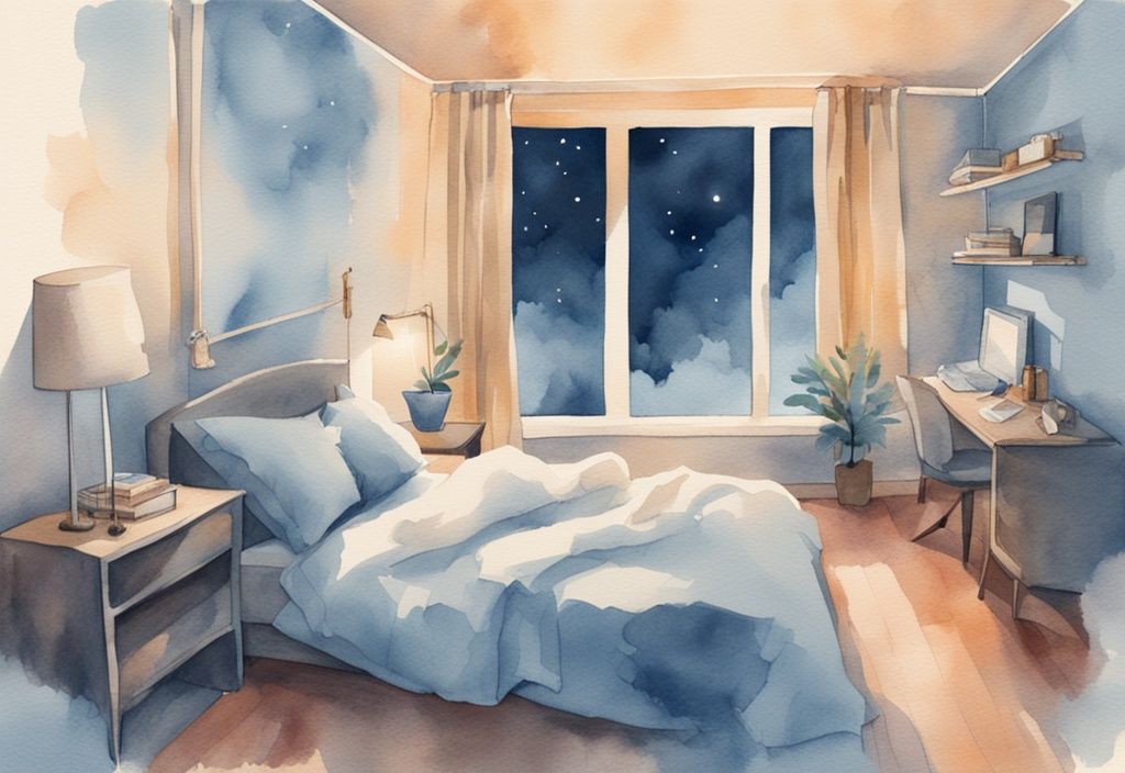 Ilustración moderna en acuarela de una habitación tranquila con una persona durmiendo en la cama, rodeada de elementos que inducen el sueño como iluminación tenue y una paleta de colores relajantes, reflejando un ambiente sereno para dormir rápidamente.