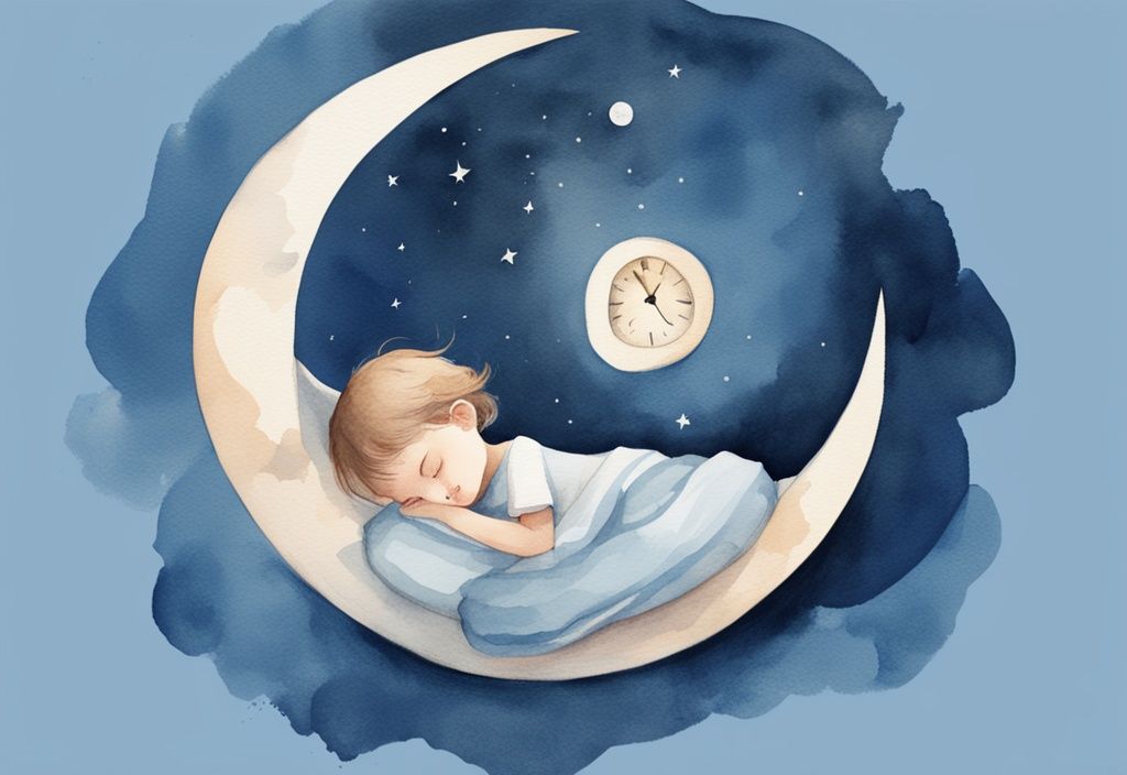 Ilustración moderna en acuarela de un niño durmiendo serenamente, con un gran reloj lunar en el fondo indicando diferentes fases de las horas de sueño.