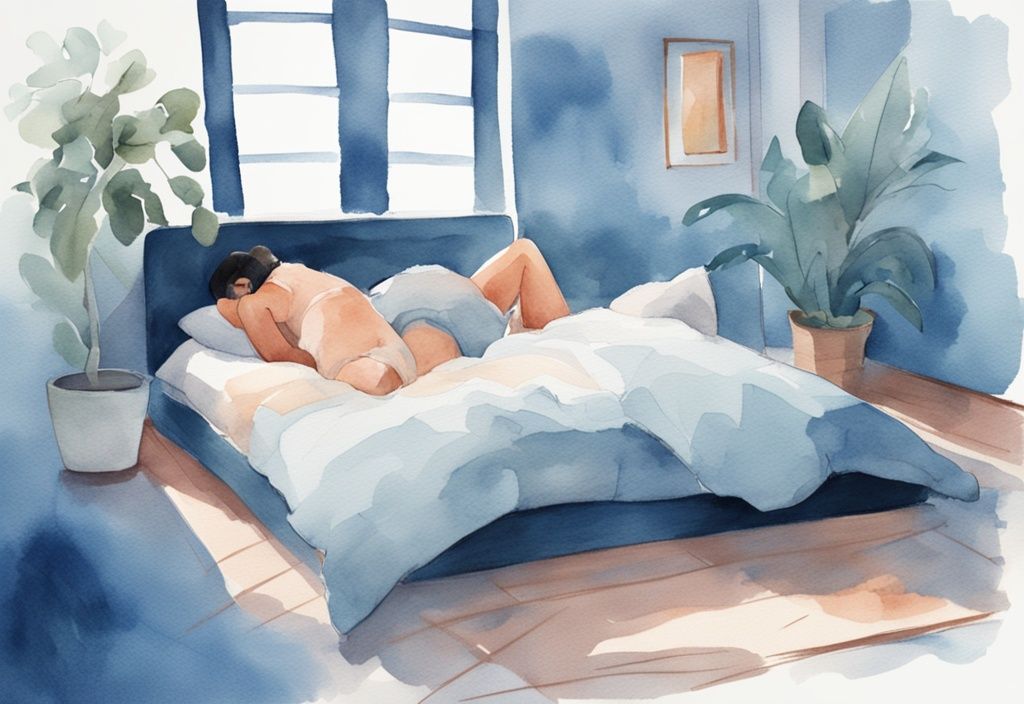 Ilustración moderna en acuarela de un dormitorio acogedor en tonos azules con una persona en la cama haciendo yoga para aliviar la indigestión.