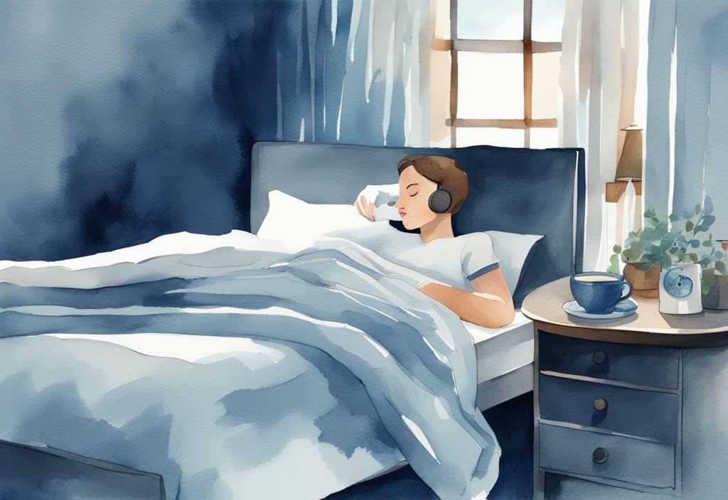 Ilustración moderna en acuarela de una persona acostada cómodamente en la cama con una taza de té de hierbas en la mesita de noche y un reloj mostrando una hora avanzada de la noche.