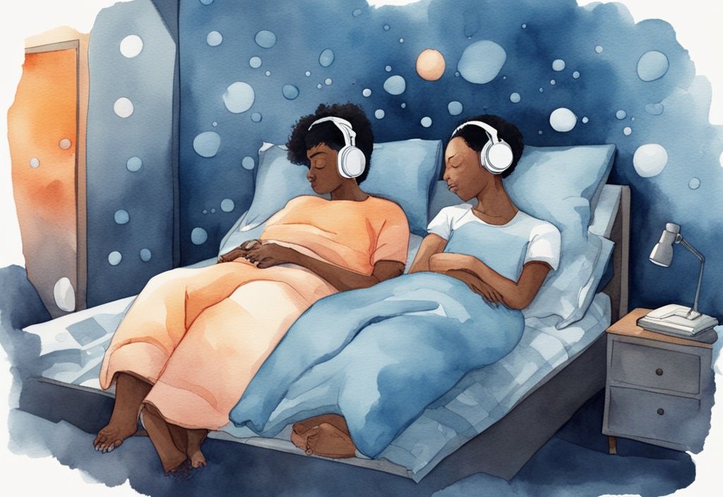 Ilustración moderna en acuarela de una pareja en la cama, uno durmiendo con auriculares de cancelación de ruido y el otro roncando con burbujas de sonido visibles, tema principal azul.