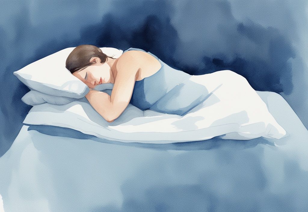 Ilustración moderna en acuarela de una persona durmiendo cómodamente en la posición correcta con almohadas de apoyo reduciendo la presión en el cuello y la región de los hombros, cervicobraquialgia: cómo dormir.