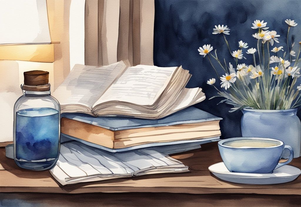 Ilustración moderna en acuarela con ayudas naturales para dormir como té de manzanilla, aceite de lavanda y una pila de libros en una mesita de noche de madera oscura junto a una cama cómoda en una habitación tenue.