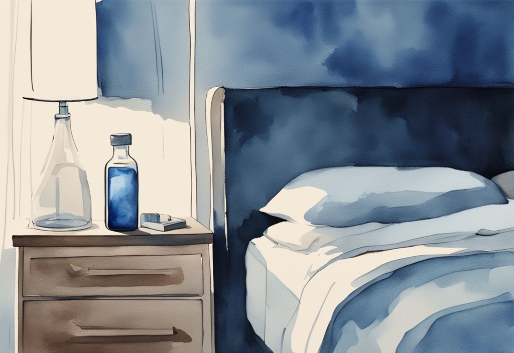 Ilustración moderna en acuarela de un dormitorio sereno de noche con una botella de suplemento de magnesio en la mesita de noche