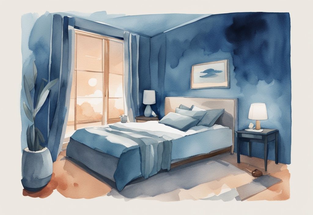 Ilustración moderna en acuarela de un dormitorio tranquilo con persona acostada en la cama, rodeada de elementos que inducen el sueño, como iluminación tenue y una paleta de colores relajante, reflejando un ambiente sereno para dormir rápidamente.