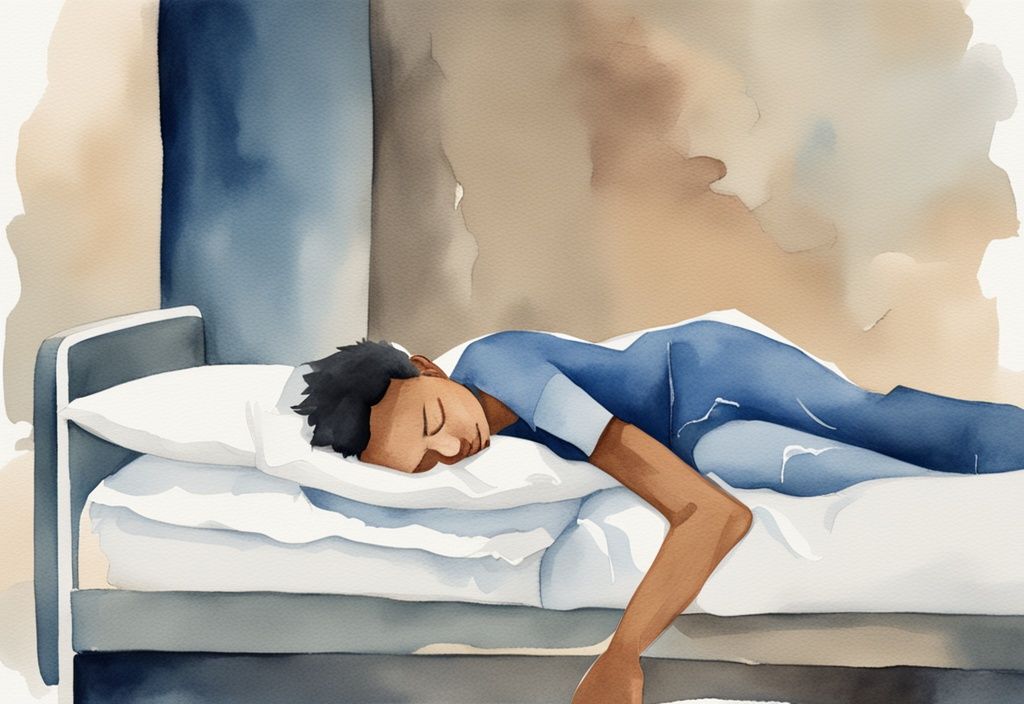 Ilustración moderna en acuarela de una persona durmiendo cómodamente boca arriba con una almohada bajo la rodilla lesionada, mostrando cómo dormir con un menisco desgarrado.