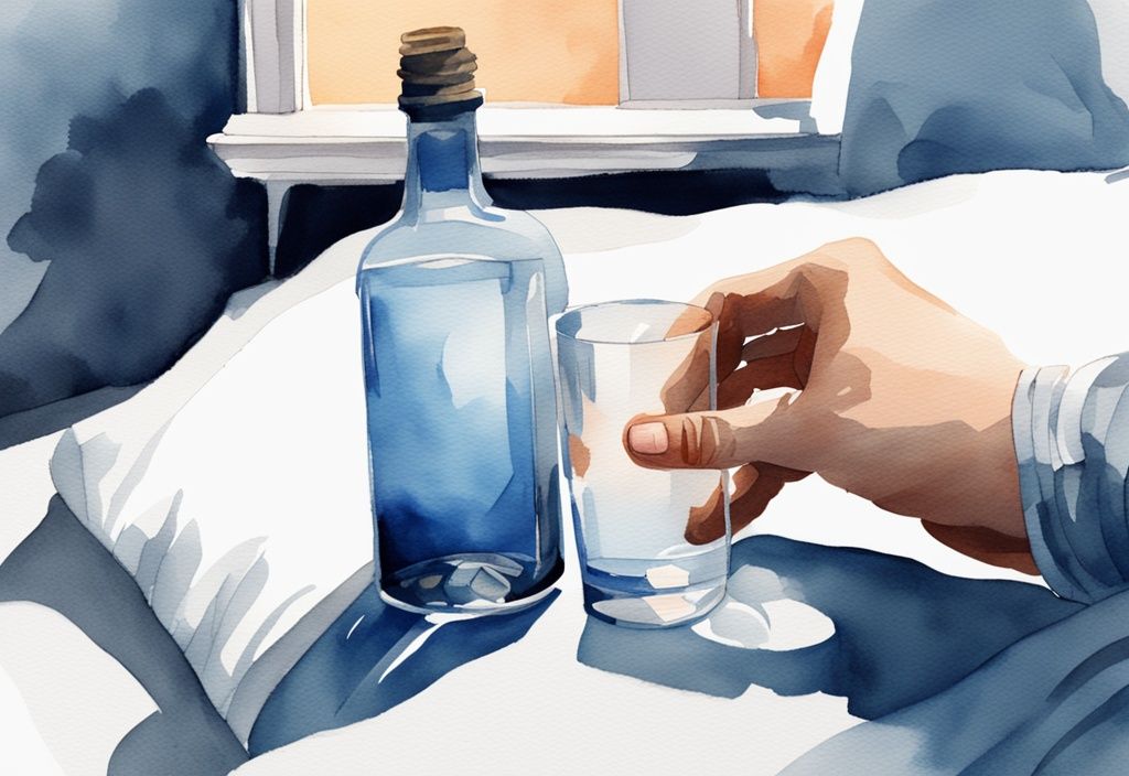 Ilustración moderna en acuarela con tema azul, una mano sosteniendo una botella de Deprax y un vaso de agua en una mesita de noche bajo una luz cálida; cómo tomar deprax para dormir.