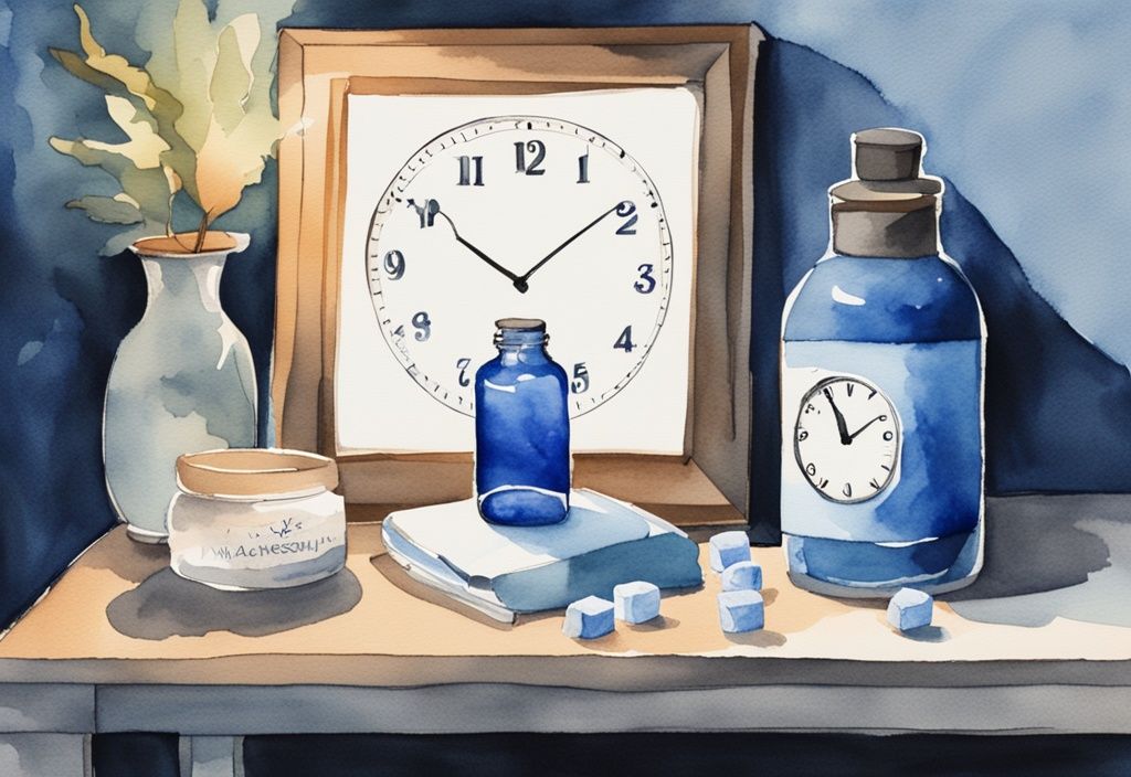 Ilustración moderna en acuarela de una escena nocturna con una botella de tabletas de magnesio en una mesa de noche y un reloj mostrando la hora óptima para la noche, en tonos azules.