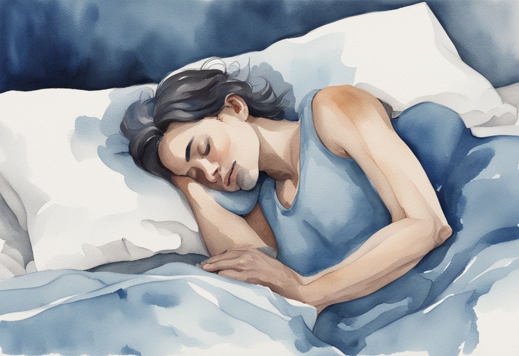 Ilustración moderna en acuarela, tema azul, persona durmiendo cómodamente de espaldas en la cama, port-a-cath visible en el pecho, cubierto con una almohadilla suave, cómo dormir con un port-a-cath.