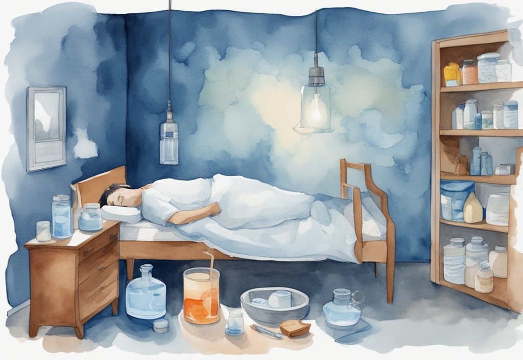 Ilustración moderna en acuarela de una persona durmiendo pacíficamente en una habitación bien ventilada, rodeada de un humidificador, vaso de agua y jarabe para la tos, mostrando cómo dormir para no toser.