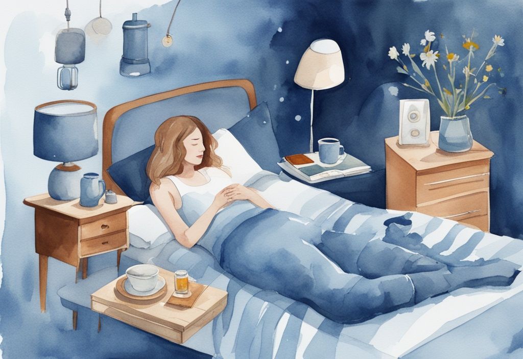 Ilustración moderna en acuarela con tema azul de una persona durmiendo de lado izquierdo, rodeada de sugerencias para aliviar el empacho como té de manzanilla o una almohadilla térmica, cómo dormir con empacho.