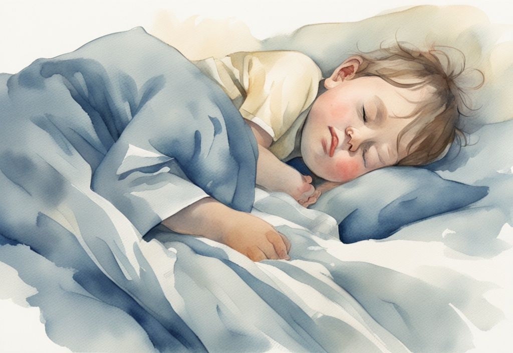 Ilustración moderna en acuarela de un niño con fiebre hay que dejarlos dormir, con mejillas sonrojadas, durmiendo pacíficamente en una cama cómoda, con un paño frío en la frente y un padre cariñoso observando.