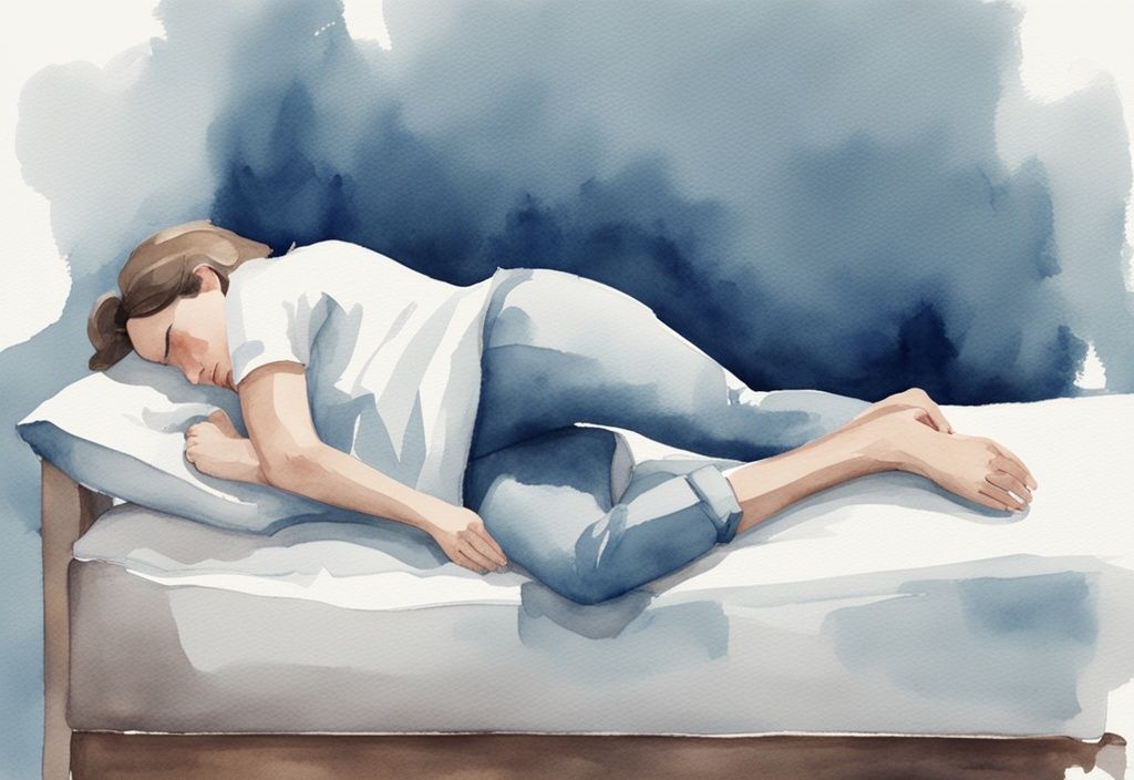 Ilustración moderna en acuarela de una persona durmiendo de lado con una almohada entre las rodillas, mostrando cómo dormir con dolor lumbar.