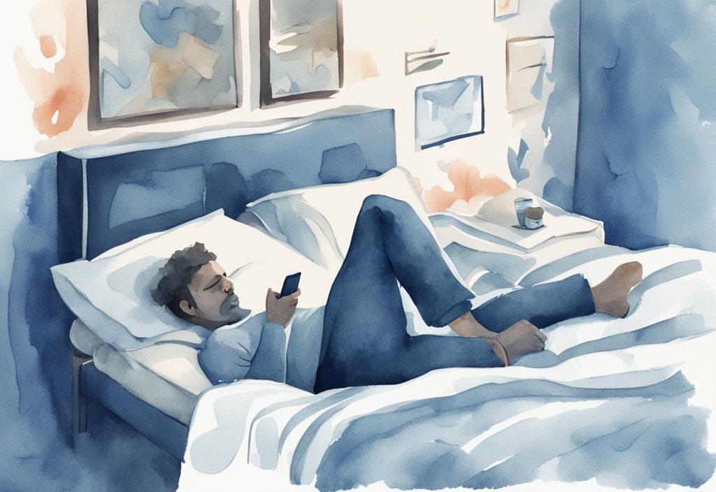 Ilustración moderna en acuarela de una persona angustiada en la cama ajustando una almohada y usando un smartphone para buscar cómo quitar el dolor de cuello por dormir mal.