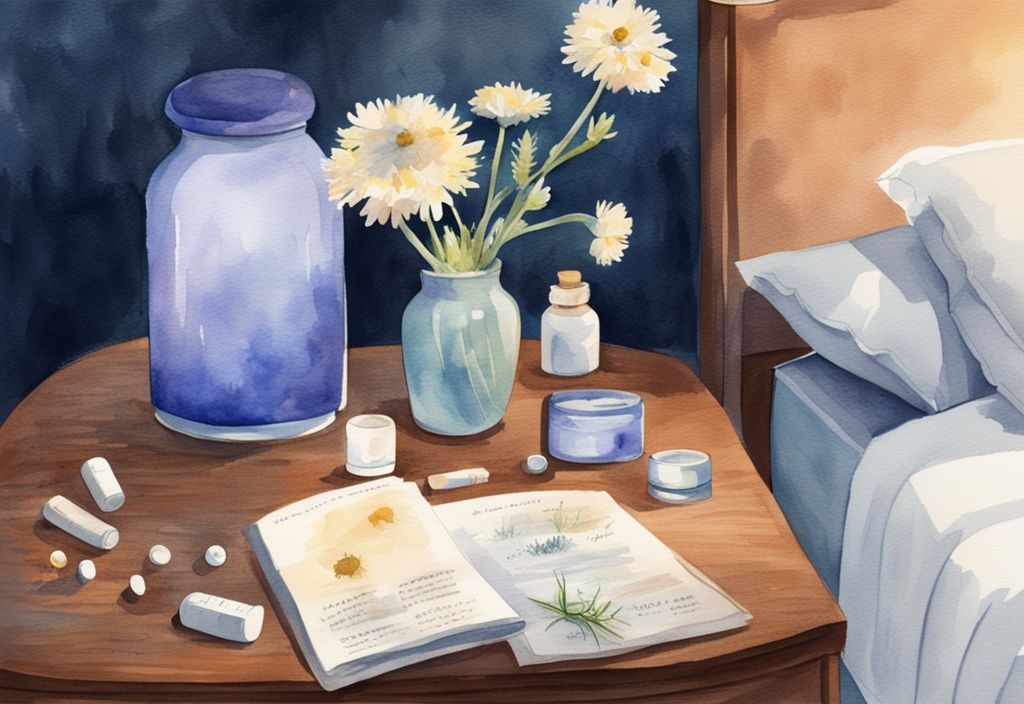 Ilustración moderna en acuarela con tema azul mostrando una variedad de ayudas naturales para dormir, como té de manzanilla, lavanda y pastillas para dormir naturales que funcionen, ordenadas en una mesita de noche de madera junto a una cama bajo la suave luz de una lámpara de mesa.