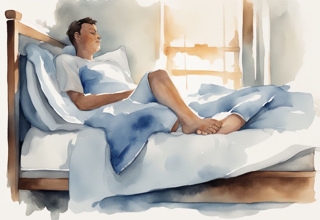 Ilustración moderna en acuarela de una persona con una férula en la pierna durmiendo cómodamente en una cama especial para tendinitis del pie de ganso, con tema de color azul.