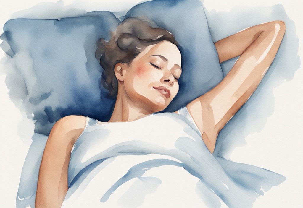 Ilustración moderna en acuarela de una mujer durmiendo pacíficamente en posición cómoda post-mastectomía, con temática de color azul.