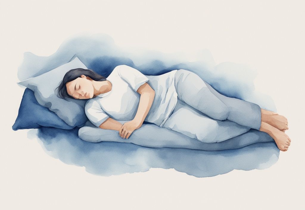 Ilustración moderna en acuarela de una persona durmiendo de lado con una almohada entre las rodillas, mostrando cómo dormir con meralgia parestésica.