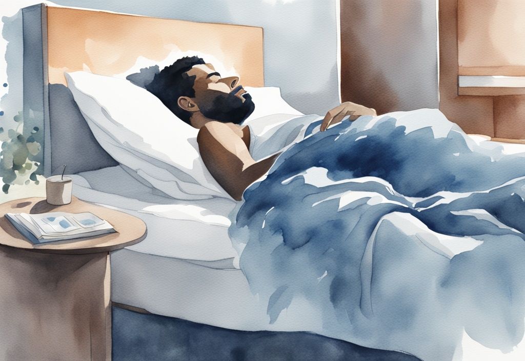 Ilustración moderna en acuarela de una persona en la cama con la mano elevada y resaltada, sensación de entumecimiento, tema azul.