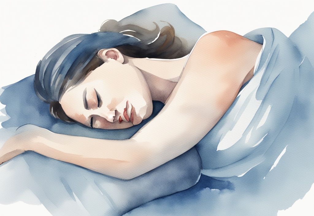 Ilustración moderna en acuarela de una mujer durmiendo pacíficamente en posición cómoda después de una mastectomía, con tema principal en azul.