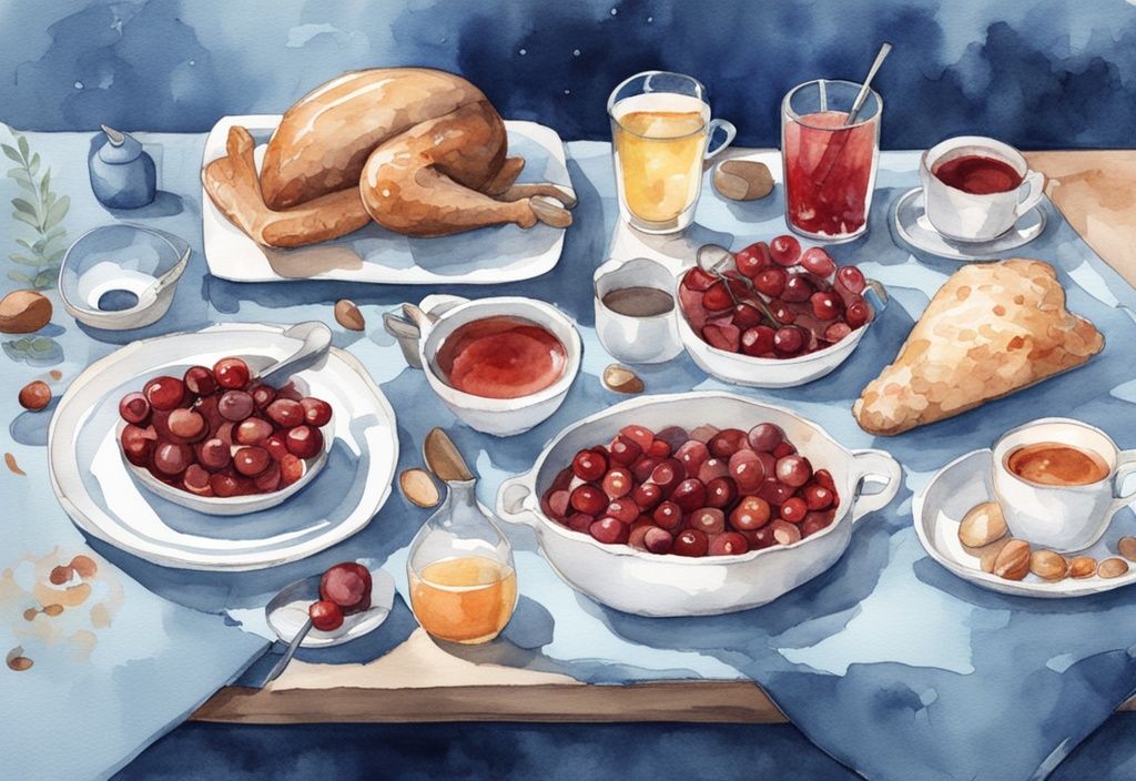 Ilustración moderna en acuarela de una mesa de cena con alimentos que inducen el sueño como cerezas, almendras, pavo y té de manzanilla, con un tema de color azul.