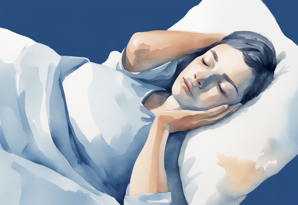 Ilustración moderna en acuarela de una persona durmiendo en posición recomendada con soporte para el cuello, mostrando cómo dormir con mareos cervicales.