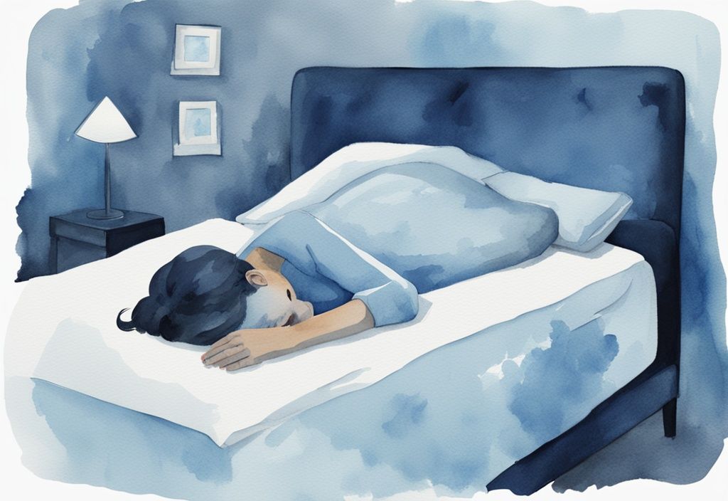 Ilustración moderna en acuarela de una persona en la cama con mano elevada y adormecida, color azul predominante.