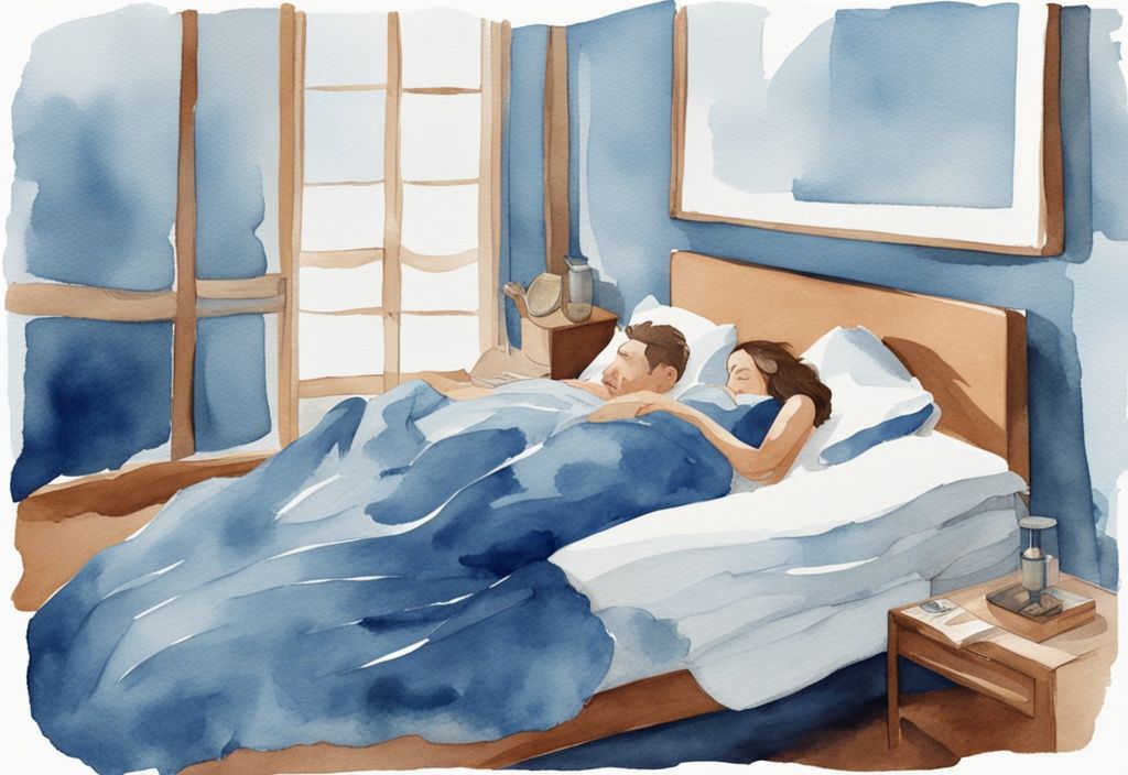 Ilustración moderna en acuarela de un hombre y una mujer durmiendo en la cama, cada uno en su lado preferido, con tema principal en color azul.